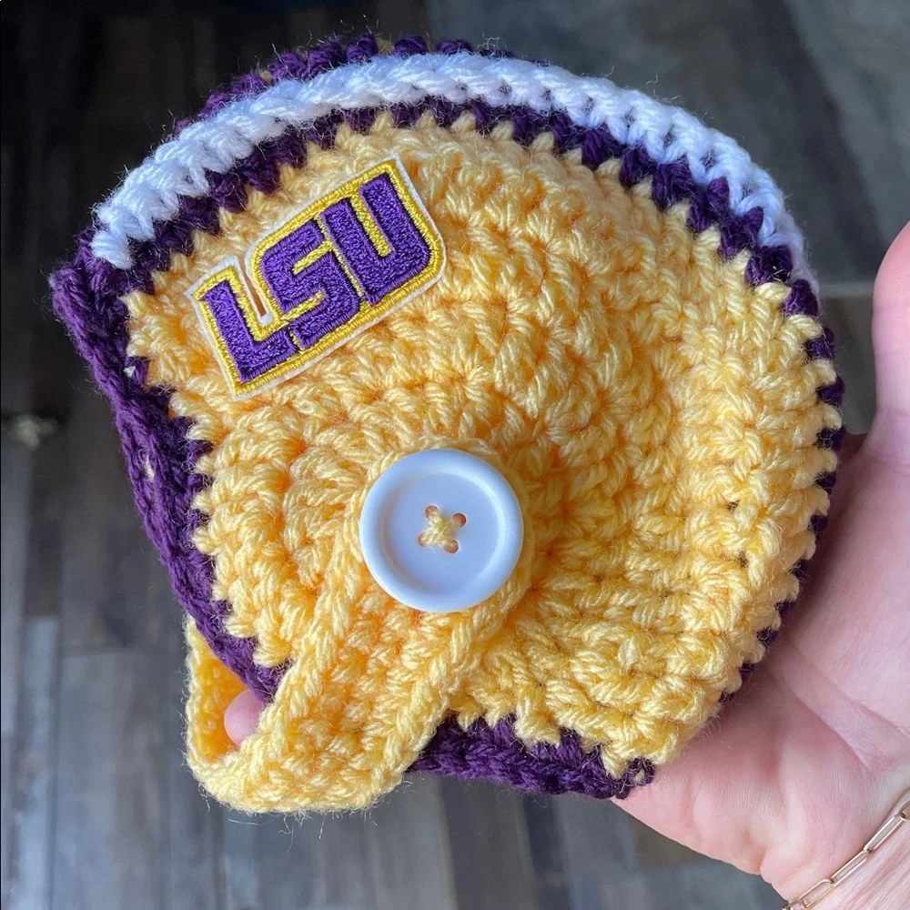 Newborn Handmade Crochet LSU Football Helmet Hat and Diaper Cover Set